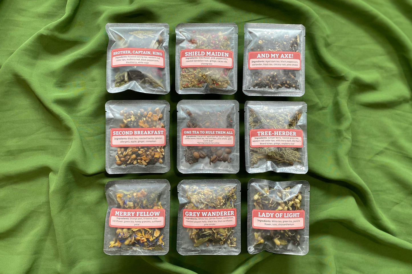 Nine Lord of the Rings tea samples laid out in a grid