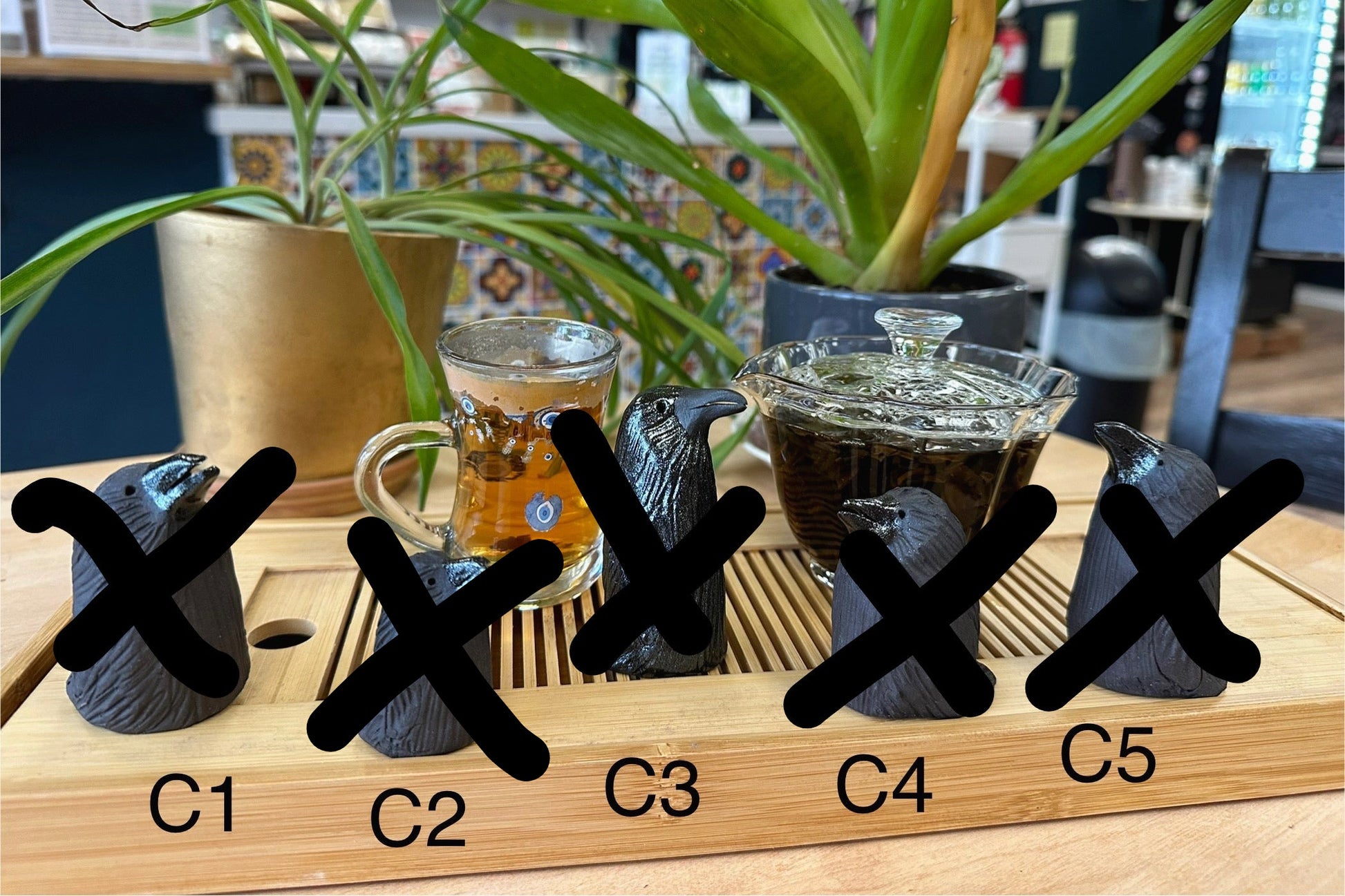 Five plain black crow tea pets labeled C1-C