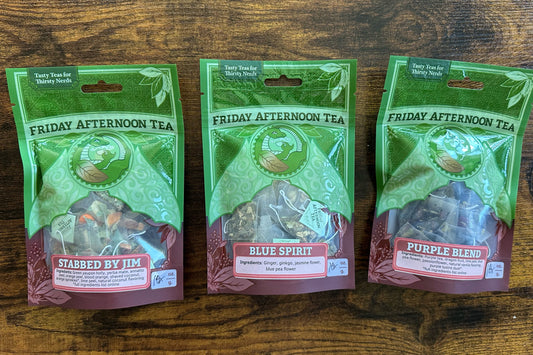 Three bags of teabags: Stabbed by Jim, Blue Spirit, and Purple Blend