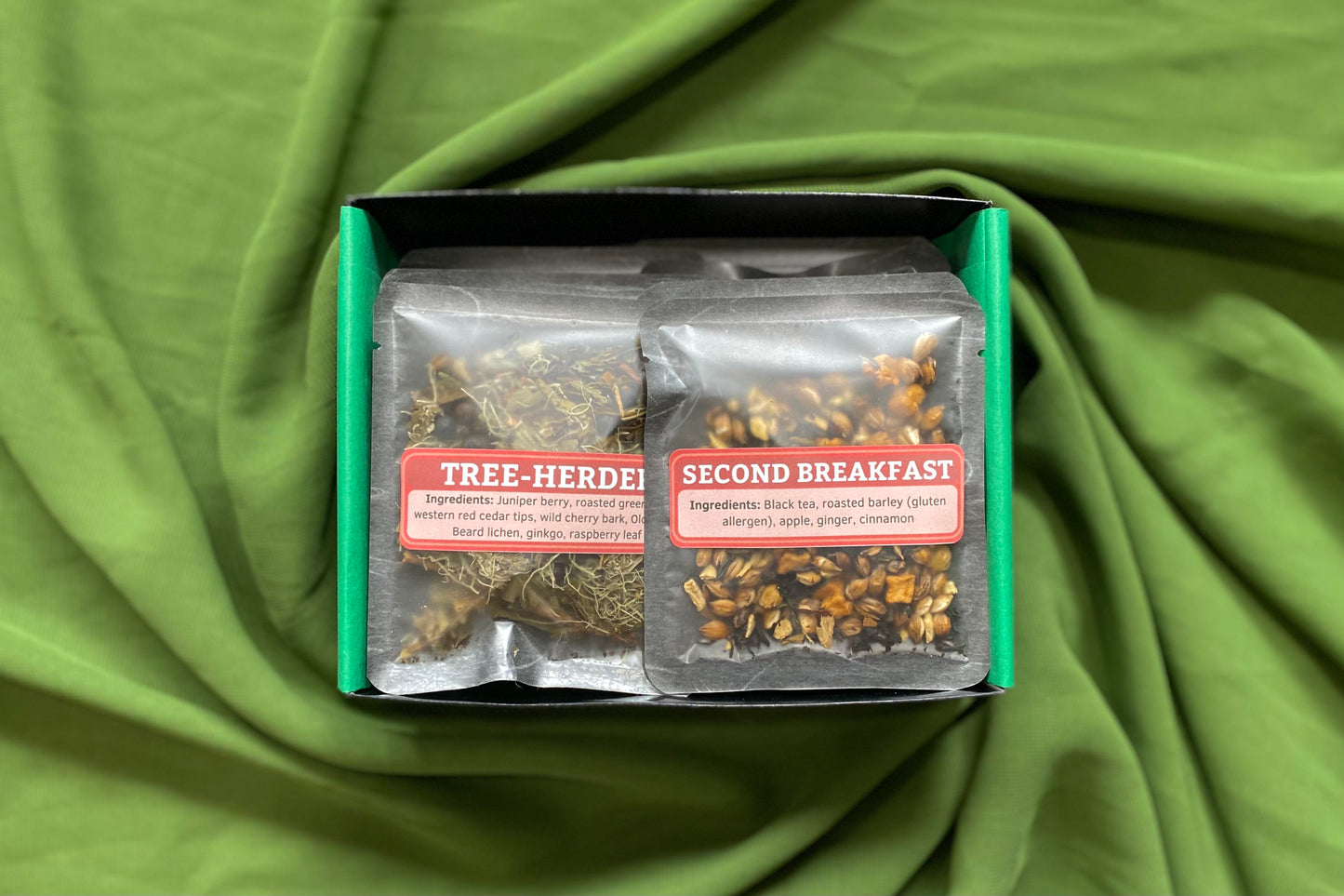 Open sampler box showing teas Tree-Herder & Second Breakfast