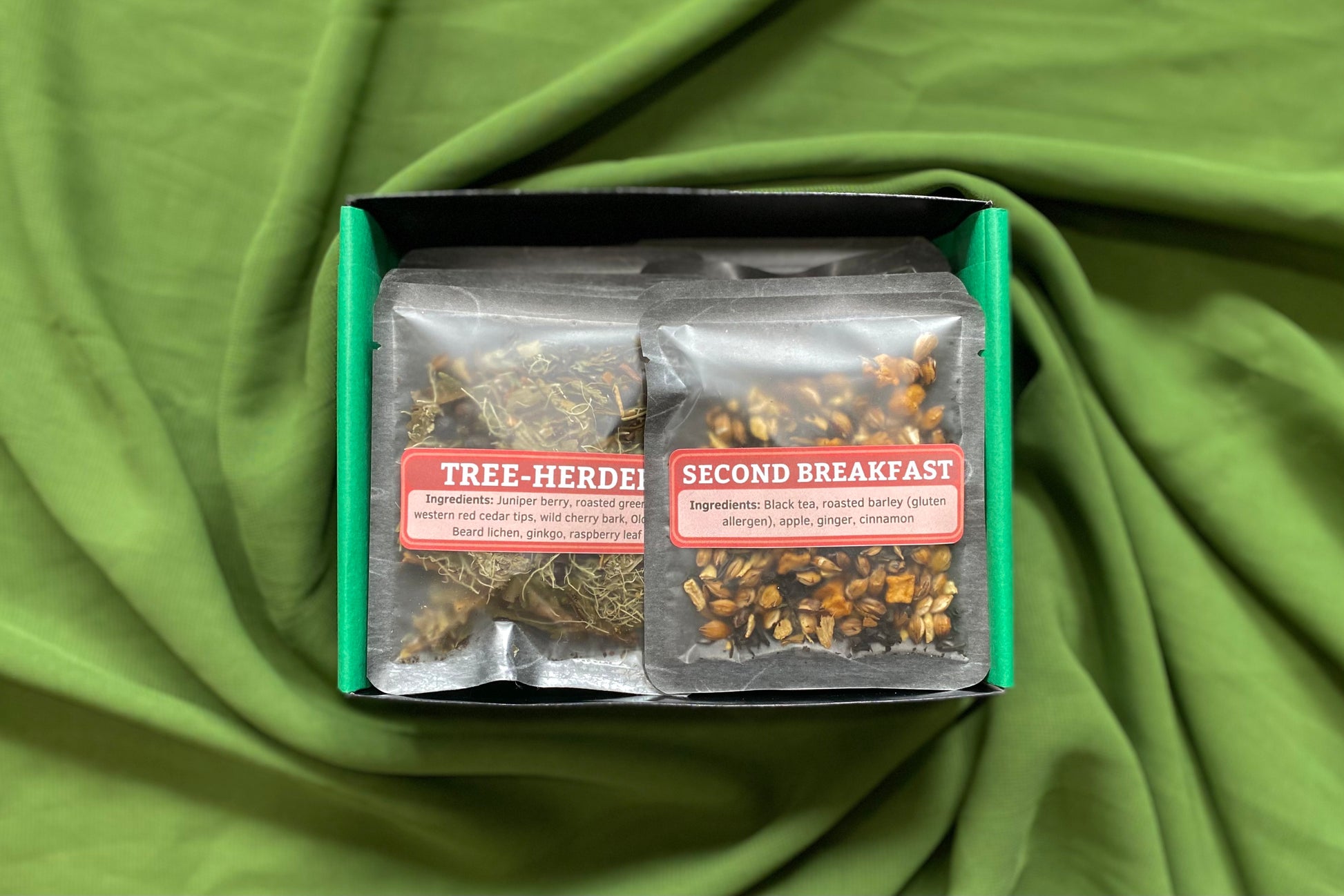 Open sampler box showing teas Tree-Herder & Second Breakfast