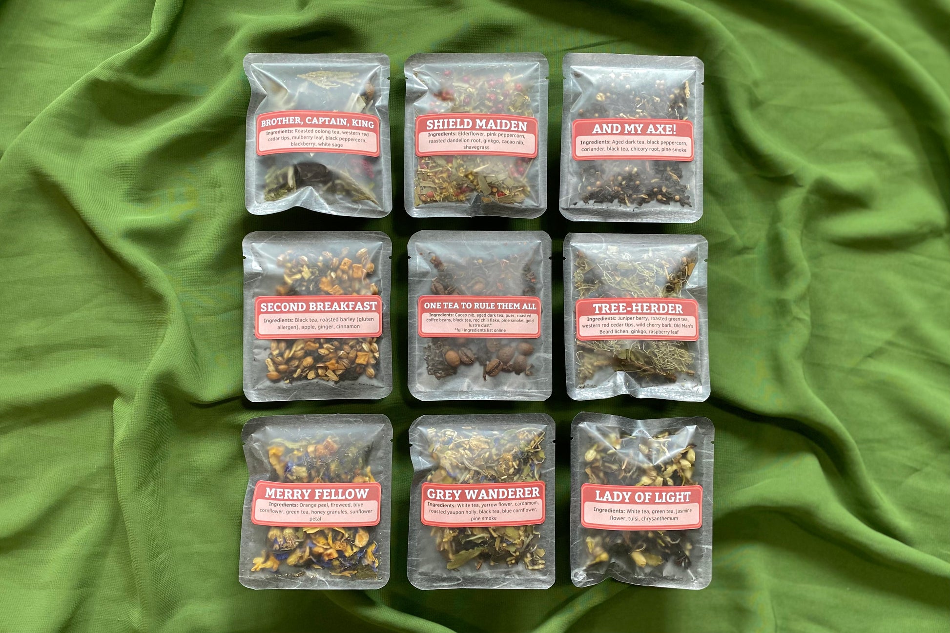 Nine Lord of the Rings tea samples laid out in a grid