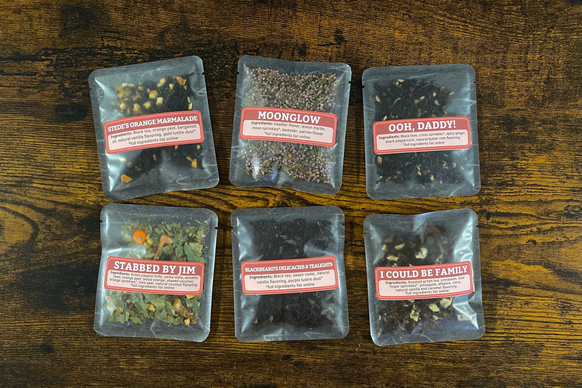 Pirate Pride samples: Stede's Orange Marmalade, Moonglow, Ooh, Daddy!, Stabbed by Jim, Blackbeard's Delicacies & TEAlights, and I Could Be Family