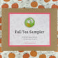 Fall tea sampler package on a pumpkin patterned background