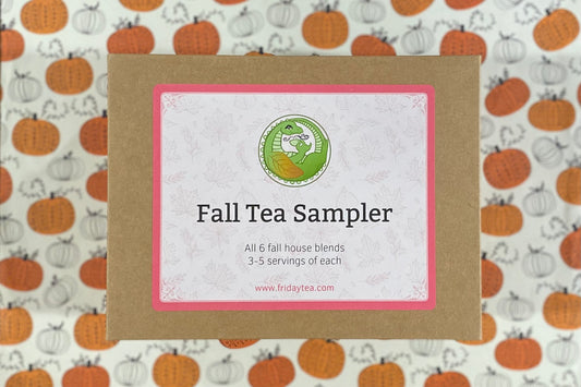 Fall tea sampler package on a pumpkin patterned background