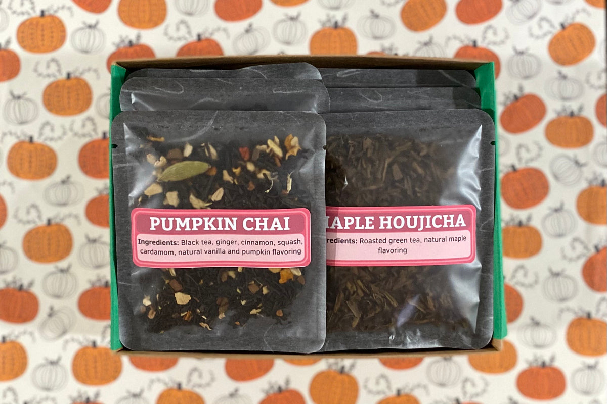 An open fall tea sampler box, showing Pumpkin Chai and Maple Houjicha
